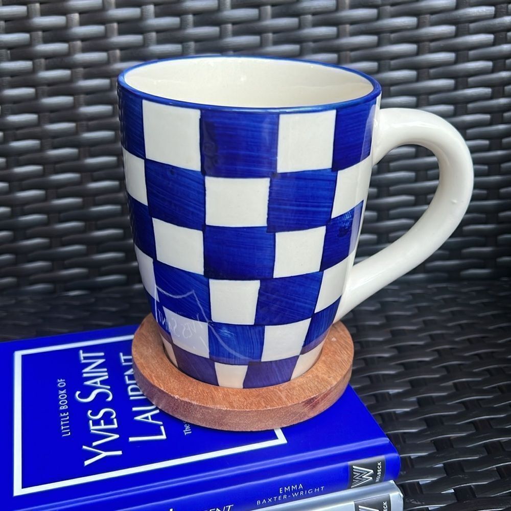 Blue and White Checkered Mug with Wooden Coaster
